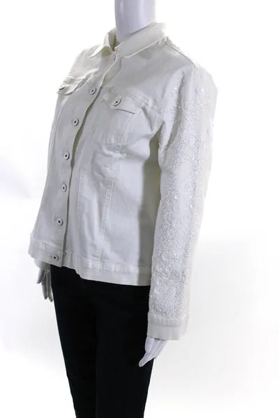 Selesty Womens White Beaded Collar Button Down Long Sleeve Denim Jacket Size 44