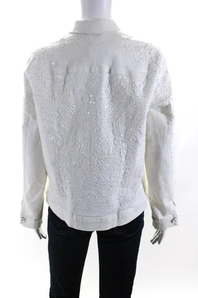 Selesty Womens White Beaded Collar Button Down Long Sleeve Denim Jacket Size 44