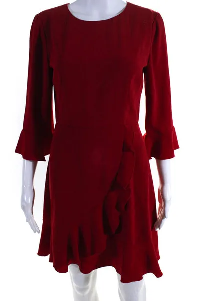 Slate & Willow Womens Red Ruffle Bell Long Sleeve Zip Back Shift Dress Size 4