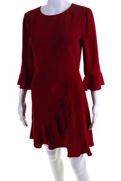 Slate & Willow Womens Red Ruffle Bell Long Sleeve Zip Back Shift Dress Size 4