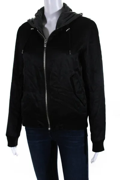 Sport The Kooples Womens Hooded Full Zipper Bomber Jacket Black Size Medium