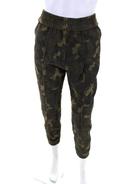 SPRWMN Womens Suede Leather Trim Camouflage Print Joggers Green Size XS