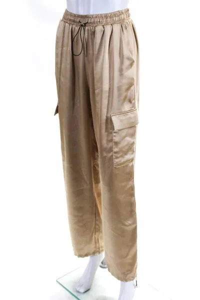 Super Down Womens Beige Satin Drawstring Straight Leg Cargo Pants Size S