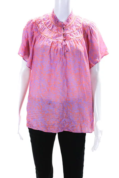 Tanya Taylor Women's Printed Short Sleeve Button Up Collar Blouse Purple Size M