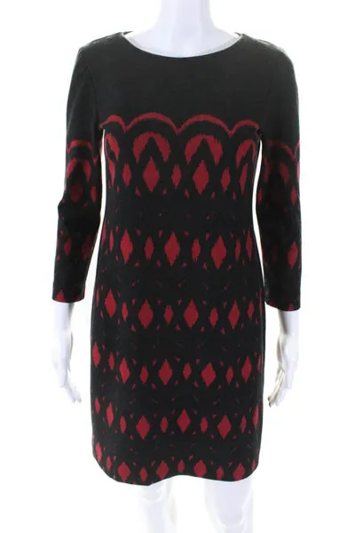 Taylor Womens Long Sleeve Diamond Print Boat Neck Shift Dress Black Size 2