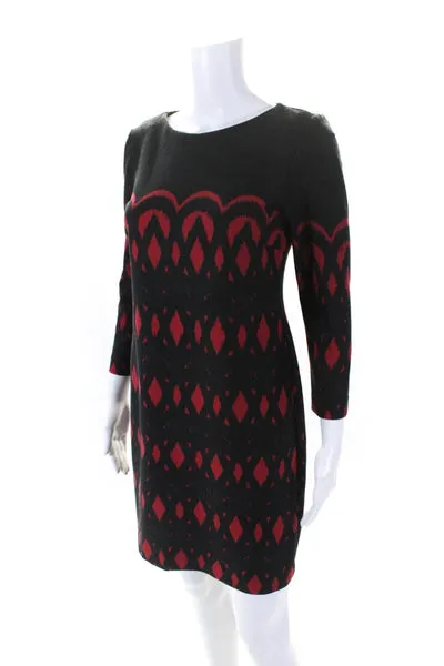 Taylor Womens Long Sleeve Diamond Print Boat Neck Shift Dress Black Size 2