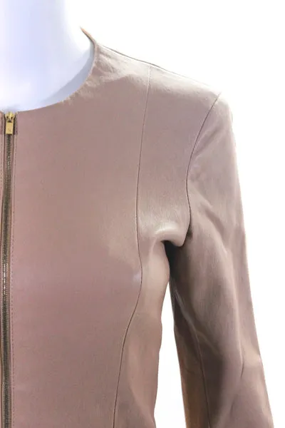 The Row Womens Front Zip Long Sleeve Crew Neck Leather Jacket Brown Size 4