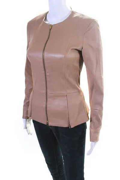 The Row Womens Front Zip Long Sleeve Crew Neck Leather Jacket Brown Size 4