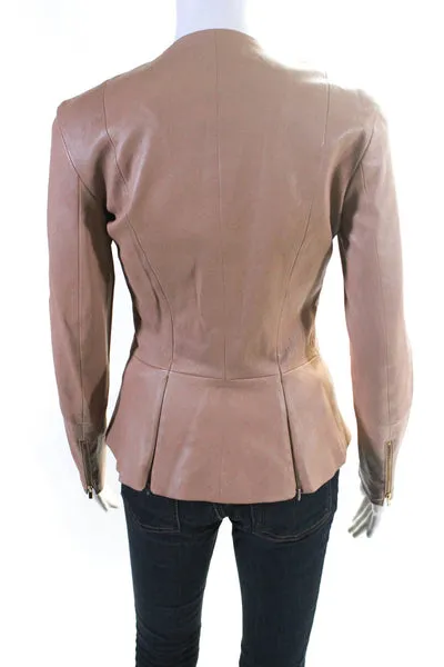 The Row Womens Front Zip Long Sleeve Crew Neck Leather Jacket Brown Size 4