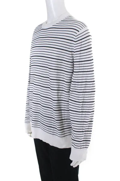 Theory Mens Crew Neck Striped Pullover Sweater White Black Cotton Size XL