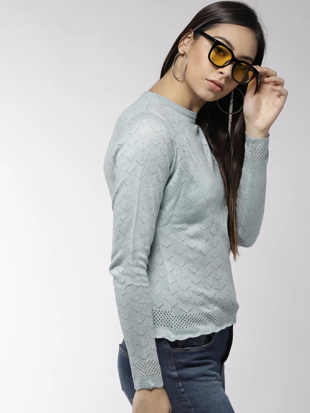 Women Self Design Blue Pullover