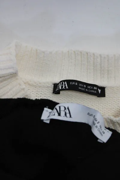 Zara Womens Hooded Loose Knit Crop Sweater Black Ivory Size Small Lot 2